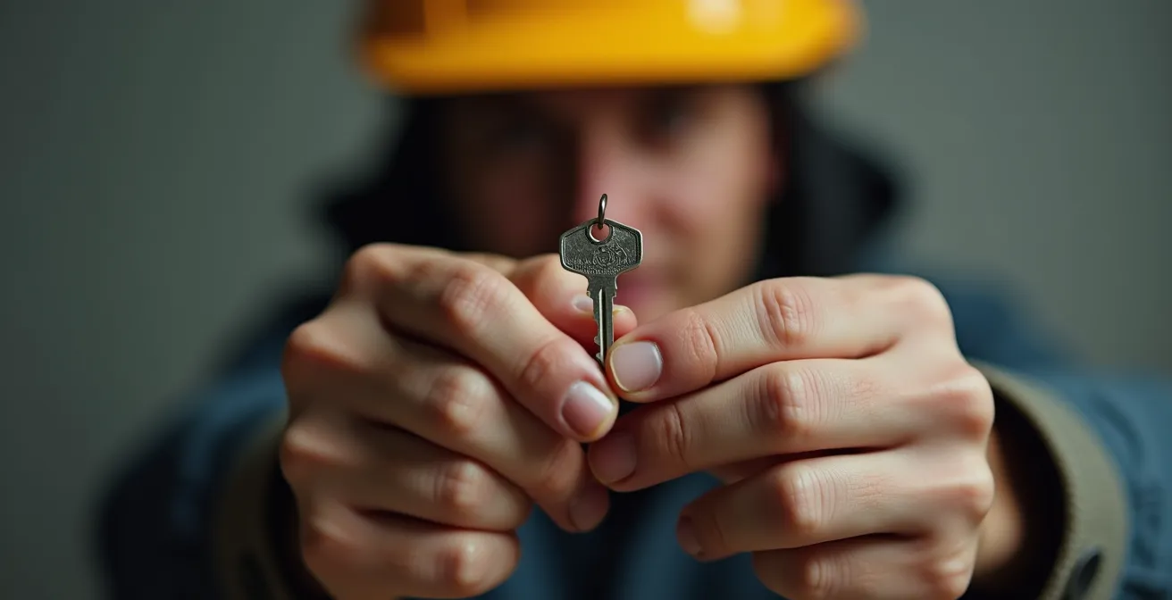 Gros plan sur des mains tenant une clé symbolique sous casque de protection, metaphorique sécurité et assurance
