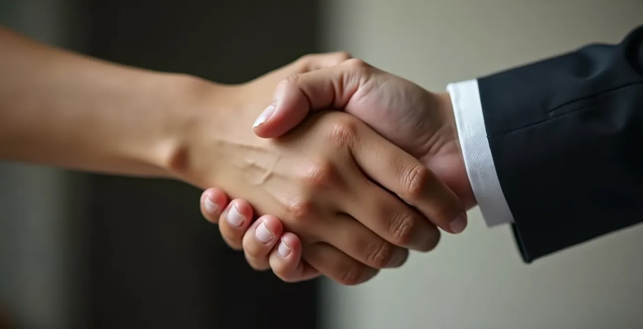 Photo d'une main serrant une autre main dans un geste de confiance professionnelle