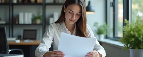 Photo réaliste d'une personne consultant des documents financiers dans un bureau bien éclairé, ambiance professionnelle et moderne
