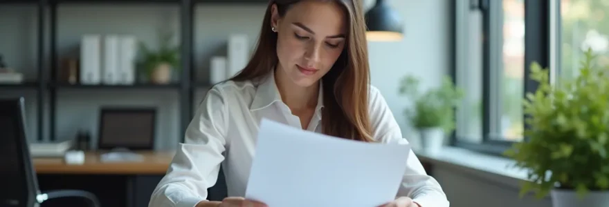 Photo réaliste d'une personne consultant des documents financiers dans un bureau bien éclairé, ambiance professionnelle et moderne