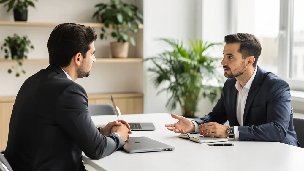 Discussion entre conseiller et entrepreneur sur le financement professionnel